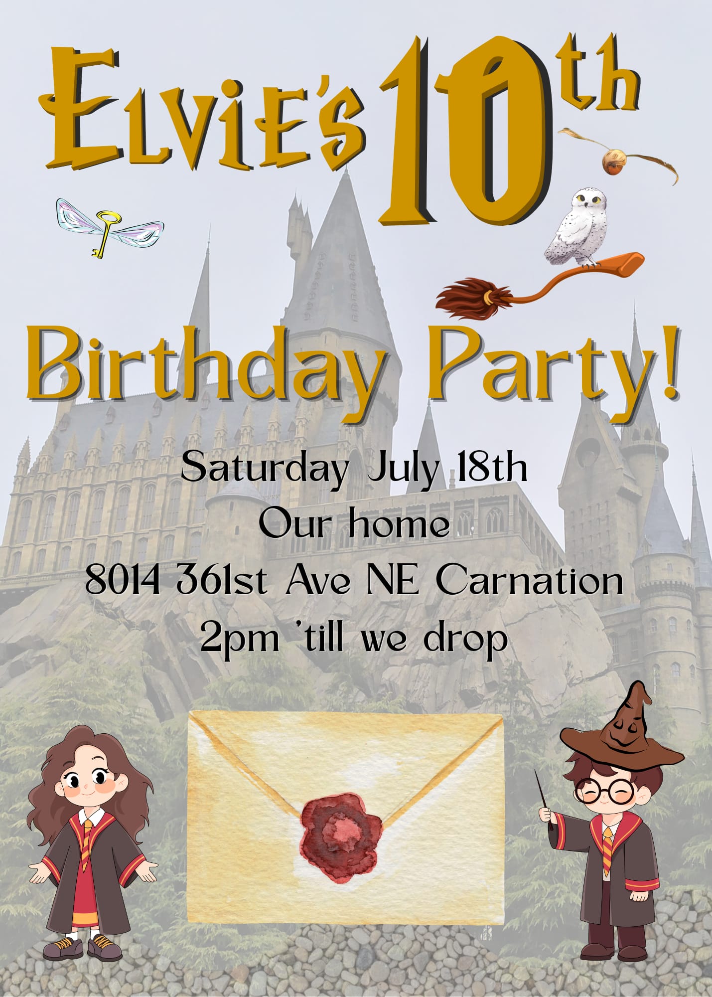Elvie's 10th Birthday Party invitation: Saturday July 18th, our home, 8014 361st Ave NE Carnation, 2pm 'till we drop